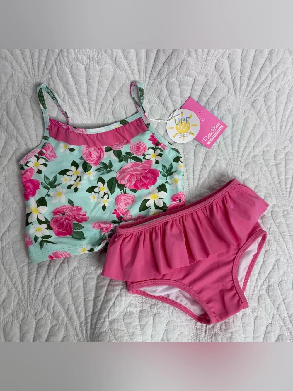 NWT RuffleButts Rosy Sweetheart Ruffle Tie Tankini Swimsuit - Size 5